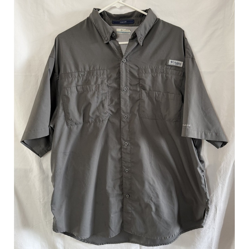Columbia‎ PFG Tamiami Shirt Mens Large Gray Short Sleeve Fishing Button Down